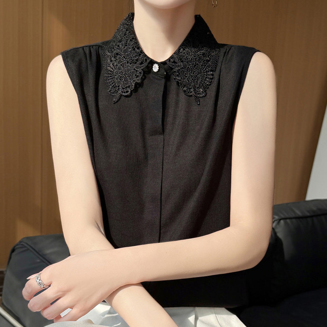 더시럽 여성용 얇은 시스루 레이스 폴로 민소매 니트