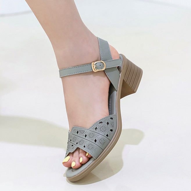 J SHOE 女士牛皮原創鏤空中跟涼鞋 4cm, 250, 綠色