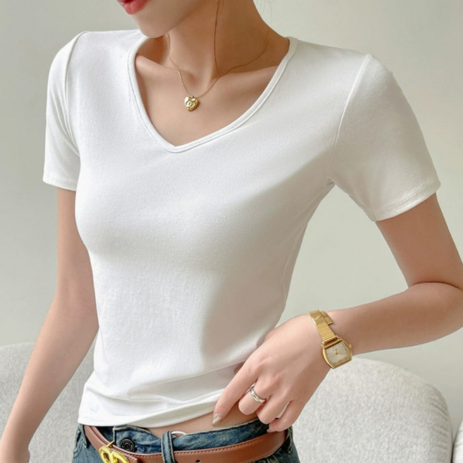 페이퍼먼츠 여성용 딜런 베이직 무지 반팔 브이넥 티셔츠 11304