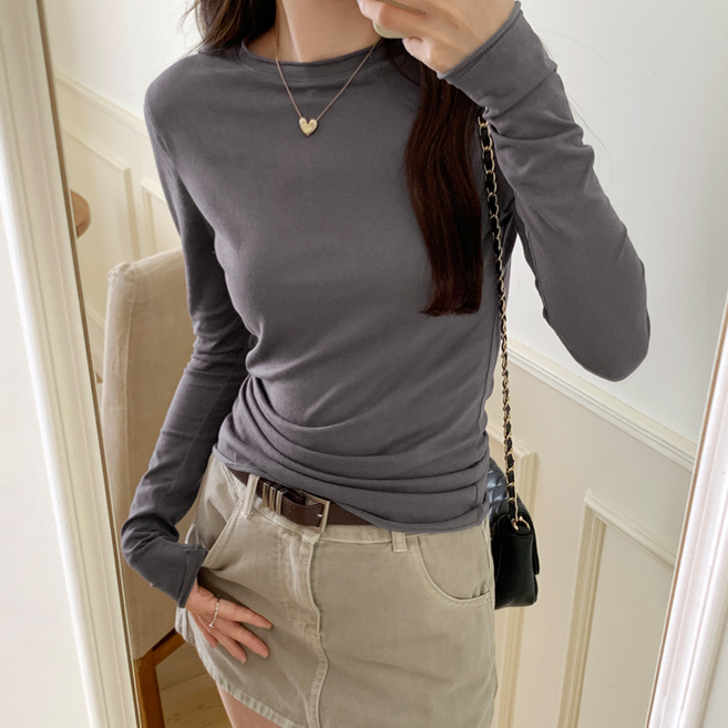 피어니스트 여성용 입술넥 슬림핏 긴팔 티셔츠