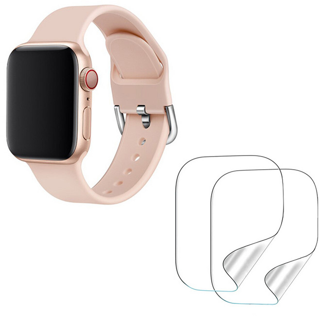 디씨네트워크 애플워치 베이직 실리콘 스트랩 42 /44/45/49mm + 우레탄 풀커버 보호필름 45mm 2p 세트, 라이트핑크(스트랩), 1개