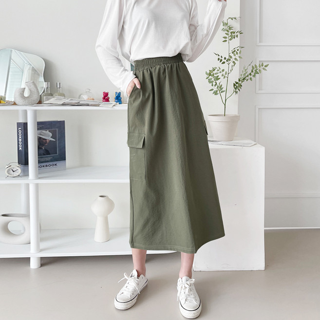 gavijean 女款防皺工裝後開衩鬆緊帶長裙