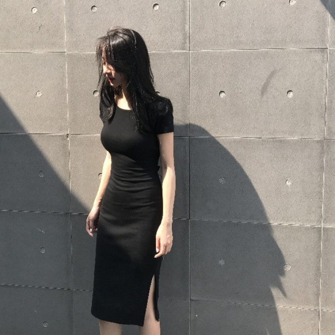 PEONIST 後開叉修身中長洋裝, 黑色