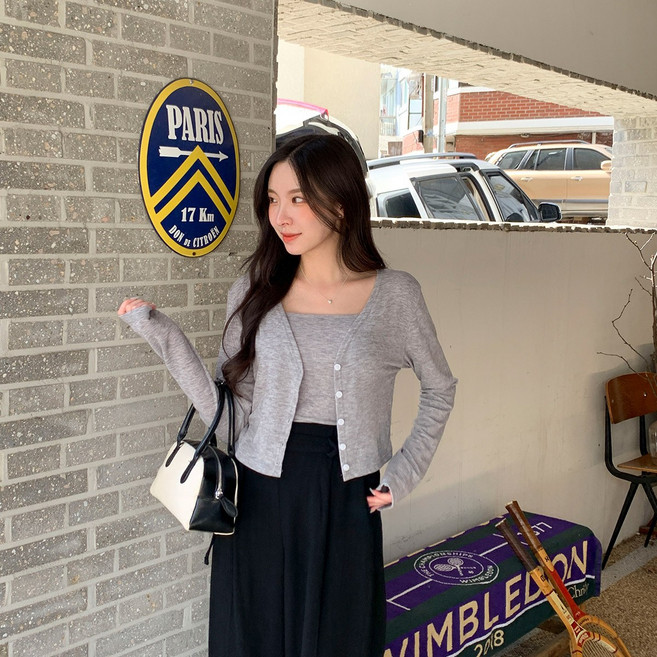 시크블랙 드라빈 브이넥 베이직 무지 나시 가디건 세트 cpset2713k34