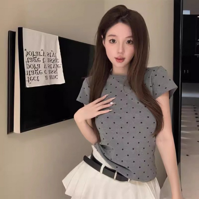 DMELD 女款圓點泡泡袖高領短袖T恤