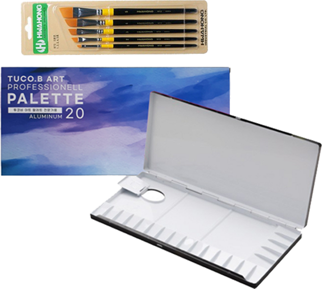 투코비 프리미엄 알루미늄 미술용 팔레트 + 화홍 붓 5종 948 세트, 1세트, 20칸