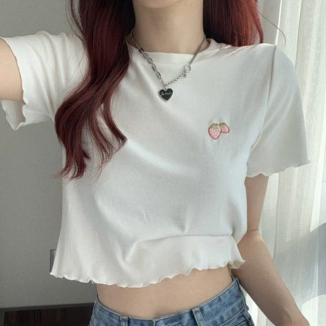 더플로우커머스 여성용 상콤딸기 자수 슬림핏 크롭 반발 티셔츠