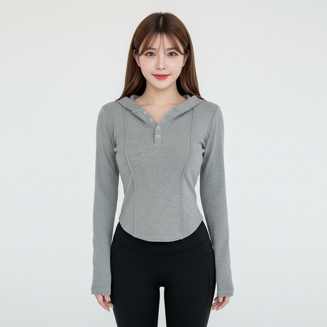 마켓피아 후드 버튼 포인트 슬림핏 긴팔 티셔츠