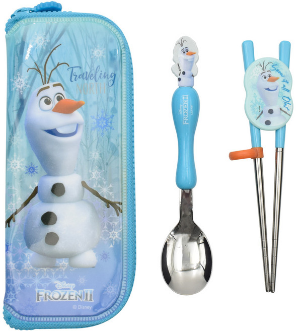 LiLFANT 冰雪奇緣2雪寶不鏽鋼矯正用安全兒童筷組, 1組, 雪寶 藍色, 兒童筷子 + 兒童湯匙 + 拉鍊收納盒