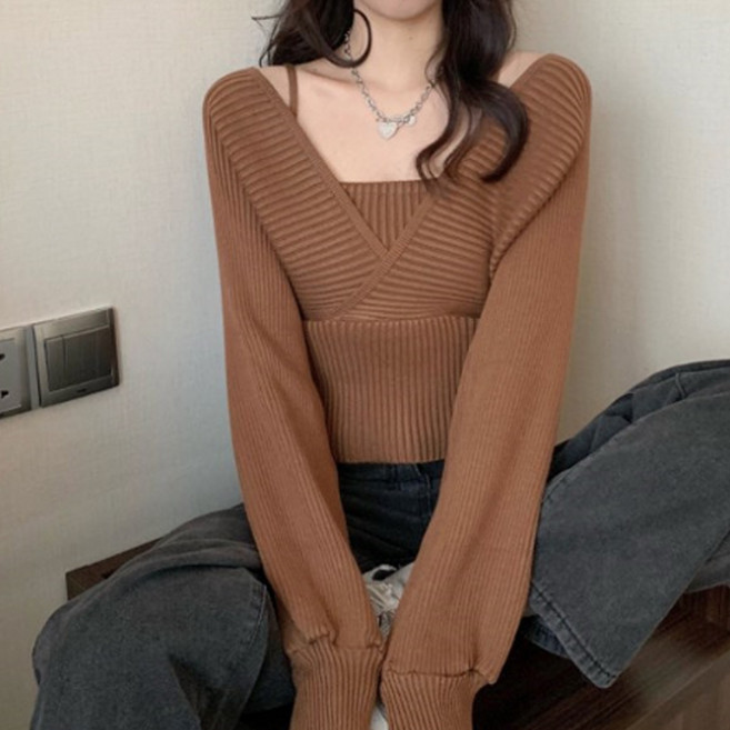 Goodif 女款層次感V領長袖短版針織衫