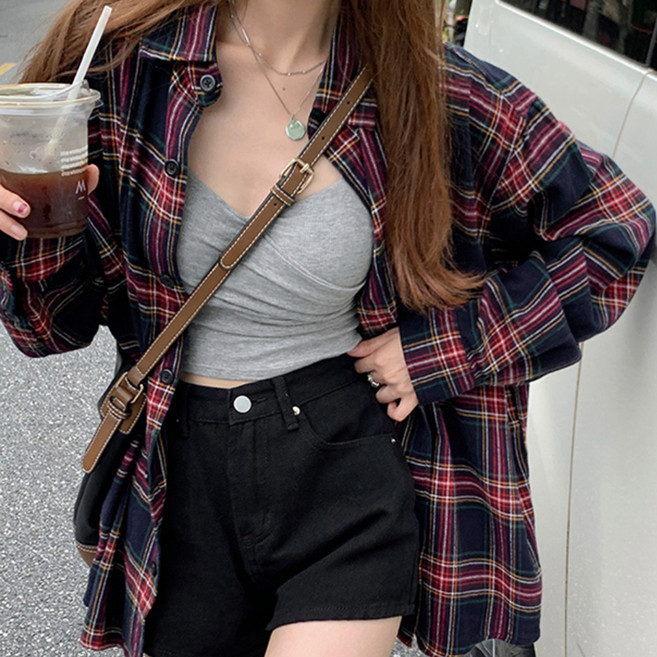 Goodif 女款紅海軍藍格紋寬鬆襯衫