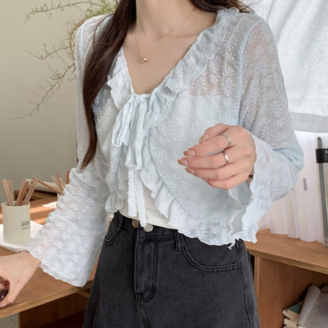 德芙洛商務 女款蕾絲荷葉邊蝴蝶結夏季透膚開襟衫