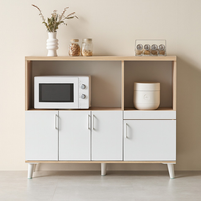 파로마 LPM 1200 와이드 멀티 주방 수납장 렌지대 방문설치, 화이트 + 오크, 2단