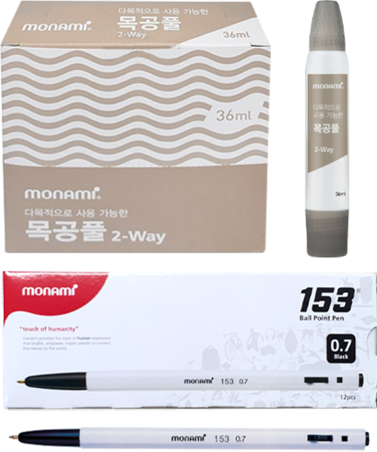 모나미 다목적으로 사용 가능한 목공풀 2 Way 36ml x 12p + 153 볼펜 12p 세트, 검정, 1세트