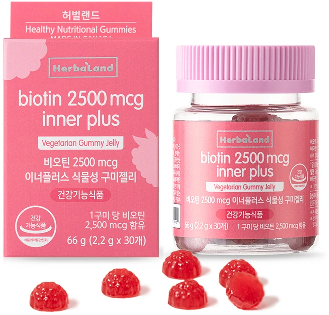 허벌랜드 비오틴 2500mcg 이너플러스 식물성 구미젤리, 66g, 1개 - 쿠팡
