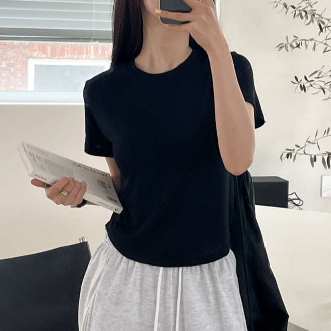 라라온 여성용 크롭 라운드넥 스판 반팔 티셔츠 26TSP3960