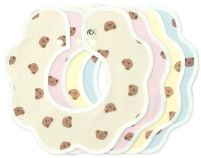 새벽섬유 곰 롤링 턱받이 세트, 베이지 + 노랑 + 소라 + 핑크, 4개입, 1세트