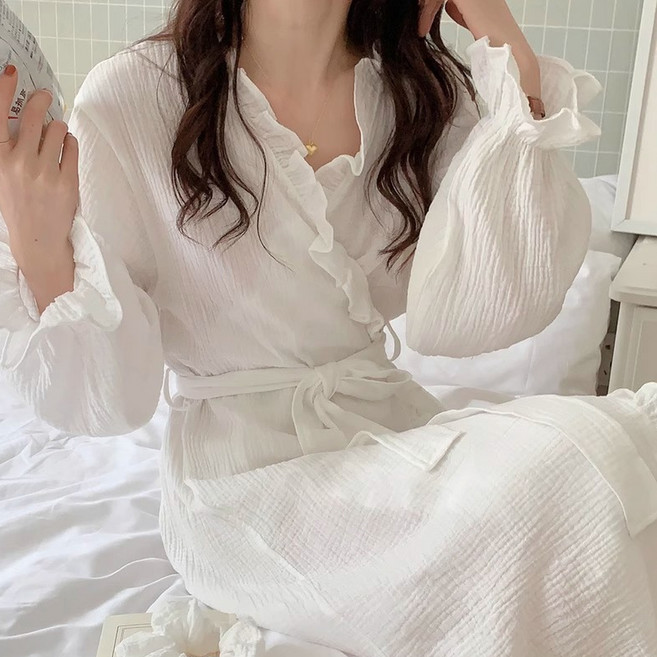 엘쏘 여성용 홈웨어 프릴 브이넥 롱로브 샤워 가운 긴팔 잠옷