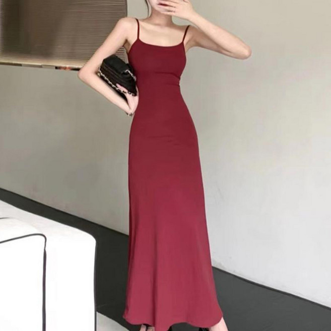 Goodif 基本款無袖腰部顯瘦長版喇叭連身裙 含大尺碼, 酒紅色
