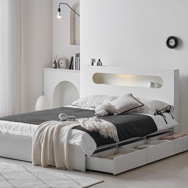 웰퍼니쳐 모화 LED 3단 수납형 침대프레임 단품 방문설치, 화이트