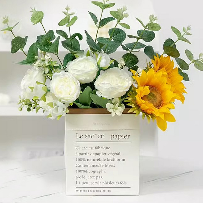 소유공간 감성 해바라기 인조 꽃다발 + 종이봉투화분 세트 FREE S261-0206WFR, 화이트, 1세트