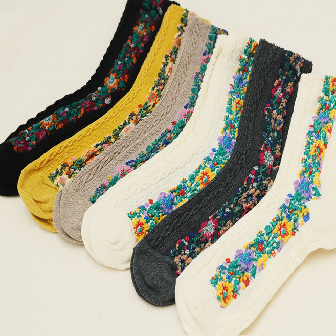 인따르시아 레인보우삭스 여성용 플라워 주름 중목 양말 6켤레 세트
