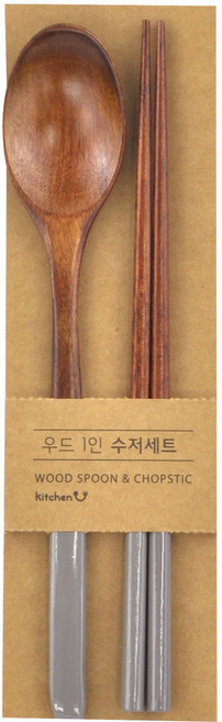키친유 파스텔 칼라 옻칠 우드 1인 수저 세트, 그레이, 숟가락 + 젓가락, 1개