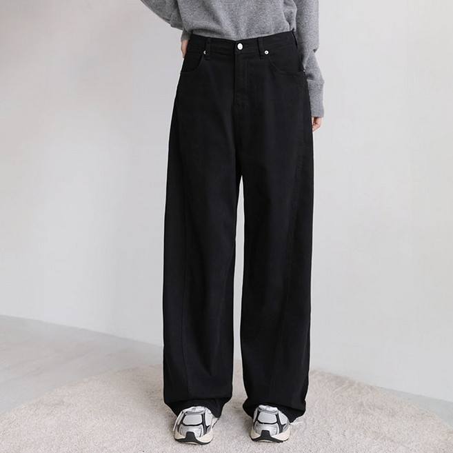 빼빼 여성용 기모 커브드 절개라인 와이드 코튼 팬츠