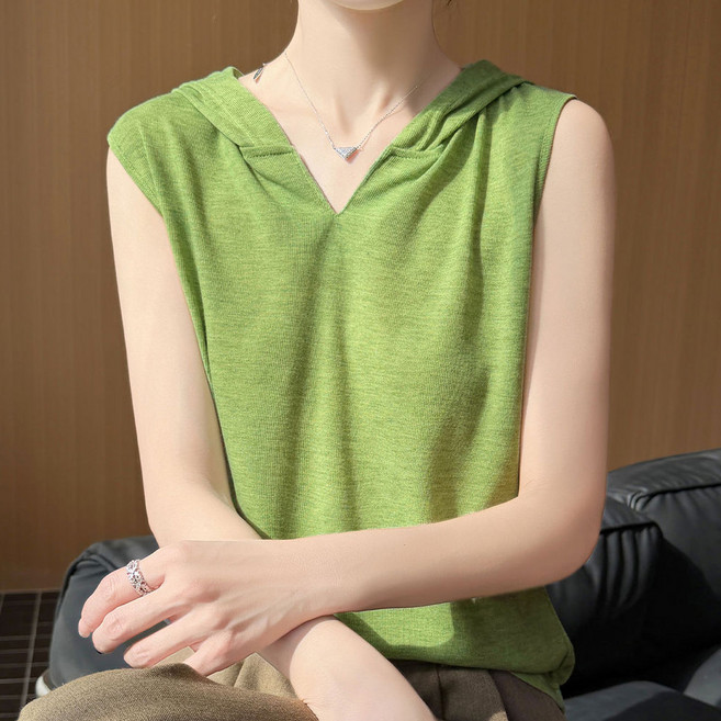 더시럽 여성용 브이넥 단색 민소매 니트 후드 티셔츠