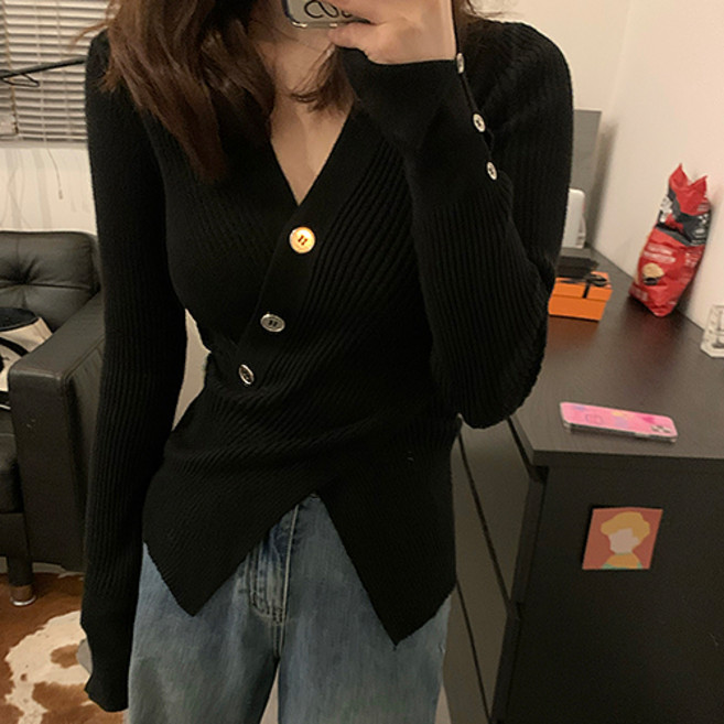 레몬소울 여성용 멀리디 단추 랩 골지 니트티 07910