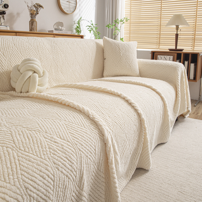 테이아 플러시 솔리드컬러 타월담요겸 소파커버, 웨이브 화이트, 1개