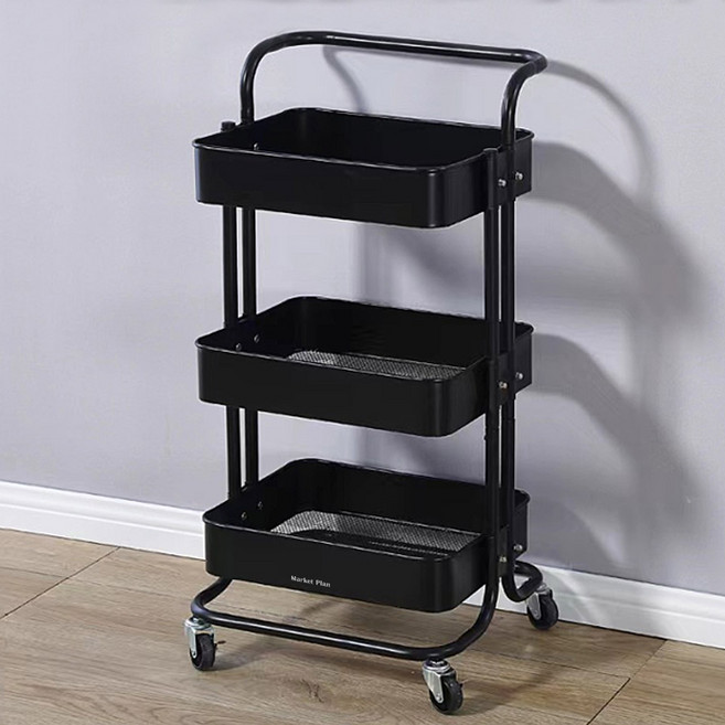 마켓플랜 이동식 다용도 수납 선반 트롤리, 블랙, 3단