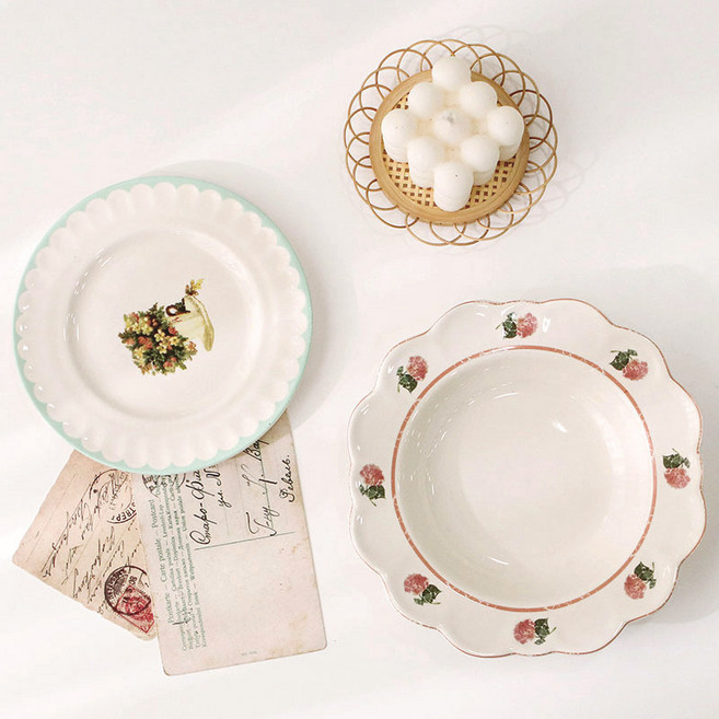 이우아여사 프로방스의 오후 빈티지 플레이트 세트, 1세트, 피치 깊은볼19 cm + 프로방스 예쁜 접시 16 cm, 혼합색상