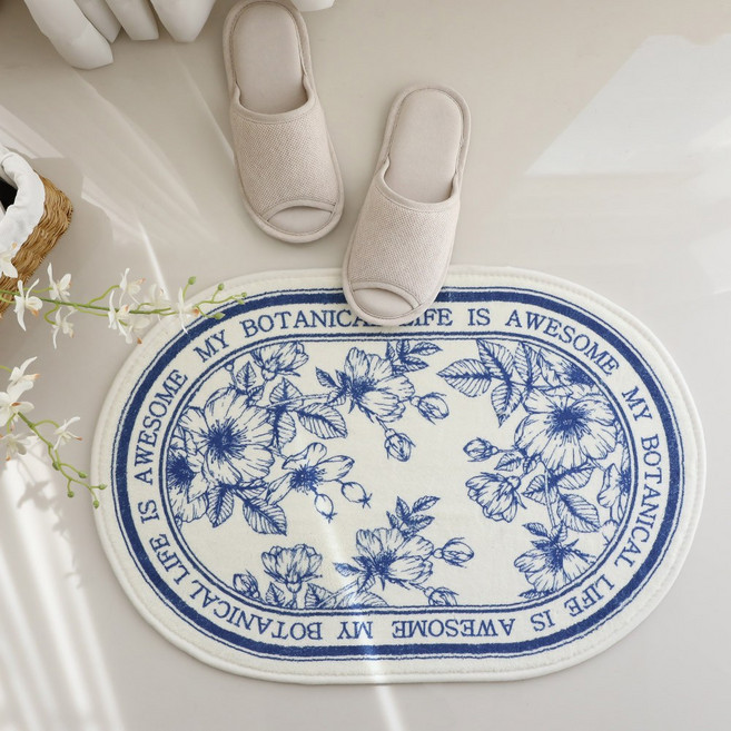 바이빔 블로마 플라워 타원 욕실 발매트, 블루