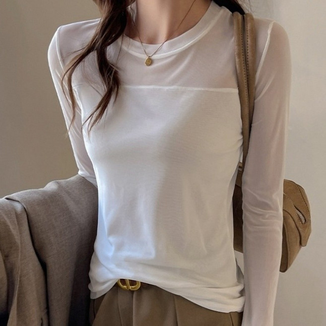 아이엠몽 여성용 슬림핏 라운드넥 시스루 이너 긴팔 티셔츠 R6S076