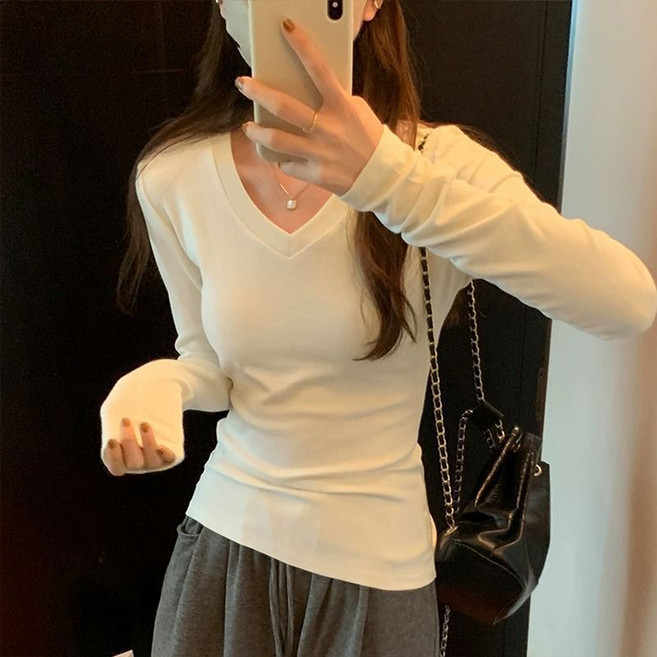 구디프 여성용 컴포트 V넥 스판 긴팔 티셔츠