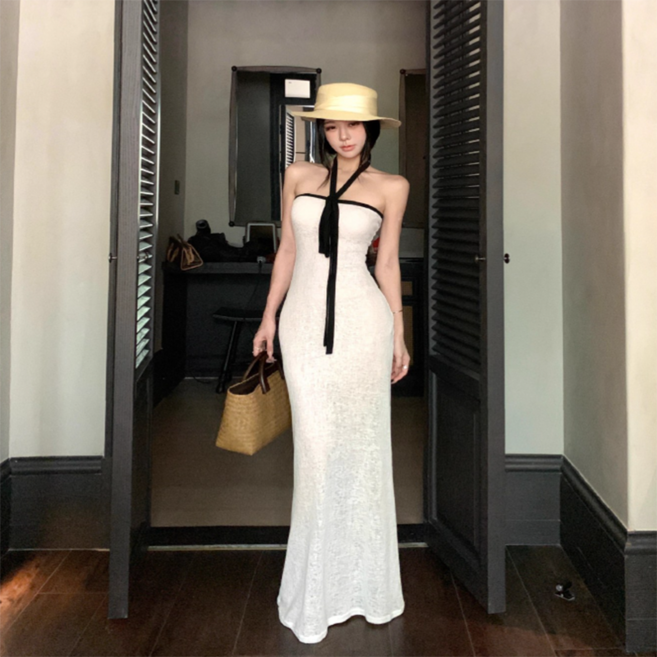 PEONIST 露肩繞頸修身長版連身裙, 白色