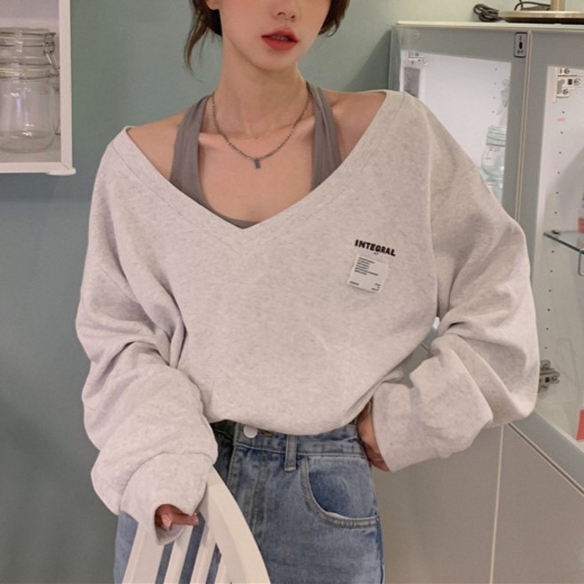 더플로우커머스 여성용 투인원 오프숄더 브이넥 긴팔 티셔츠