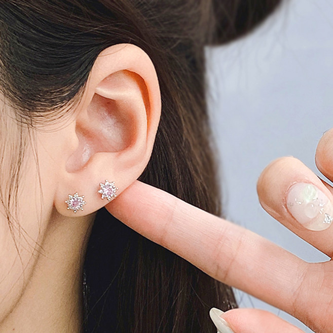 젤루나 여성용 써지컬 핑크 큐빅 태양 스터드 블링 트라거스 바벨 볼타입 귀걸이 P-951