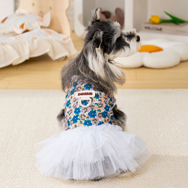 파스텔펫 반려동물 플라워 레이스 원피스, 블루, 1개