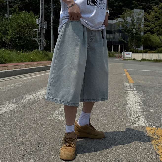남성용 원턱 벌룬 버뮤다 와이드 데님 팬츠
