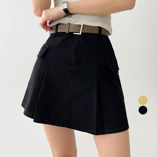 플랜데이 여성용 통기성 포켓 플리츠 면 카고 미니 스커트 + 벨트 세트