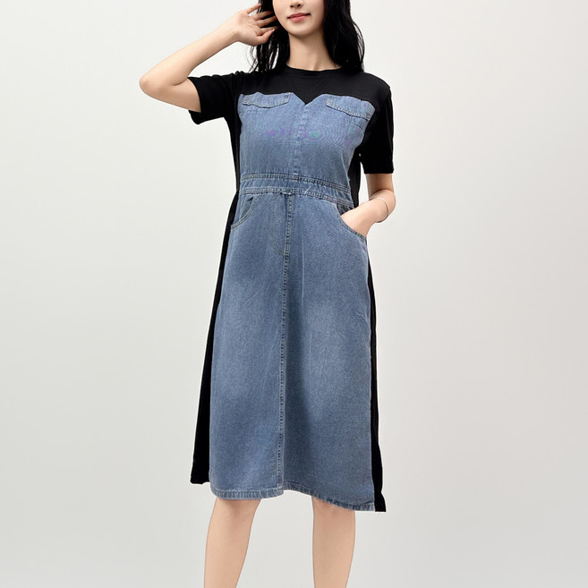더시럽 여성용 페이크 레이어드 데님 미디 원피스 빅사이즈 포함