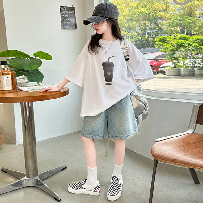 하라로이 여아용 빨대컵 반팔 티셔츠 + 청 반바지 세트