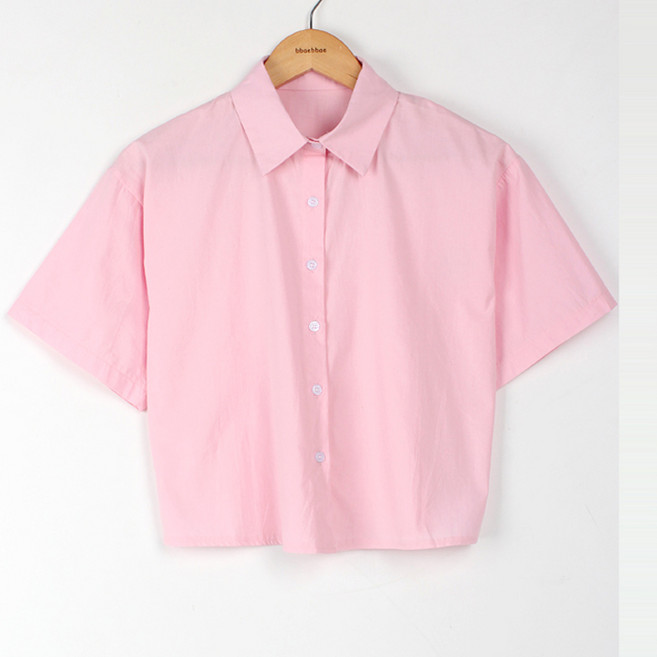 빼빼 여성용 카라넥 크롭 반팔 코튼 셔츠 남방