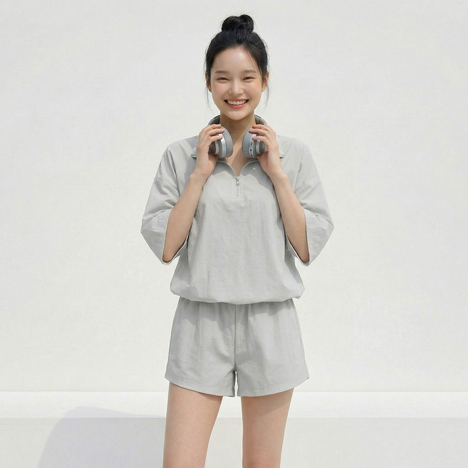 메이첼 플레트 지퍼 하이넥 반팔 반바지 세트 12656