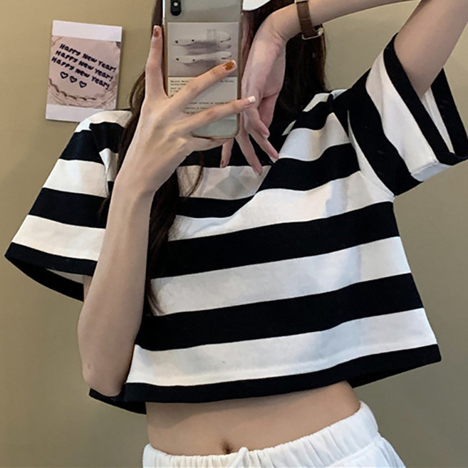 라라티나 여성용 줄무늬 크롭 반팔 티셔츠