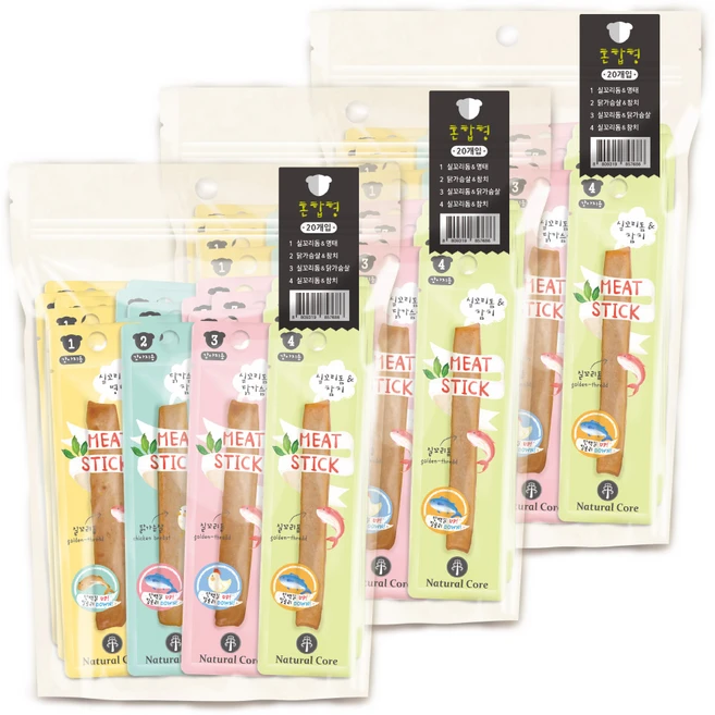 네츄럴코어 강아지 미트스틱, 혼합맛(실꼬리돔/명태/닭가슴살/참치), 7g, 60개 - 쿠팡