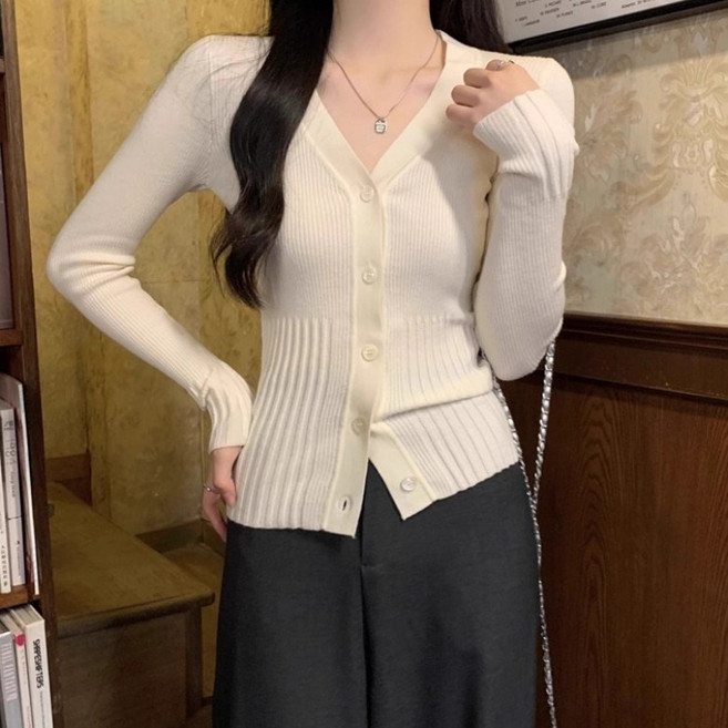 I'M MONG 女款修身V領羅紋長袖開襟衫 R6F088