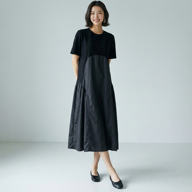 아뗄릭 빅사이즈 노페 셔링 반팔 롱 원피스 11532